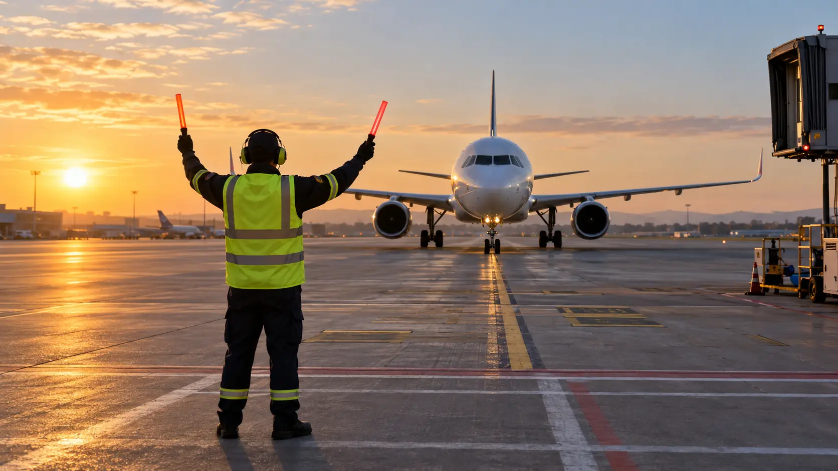 Gün doğumunda uçak yönlendiren apron görevlisi